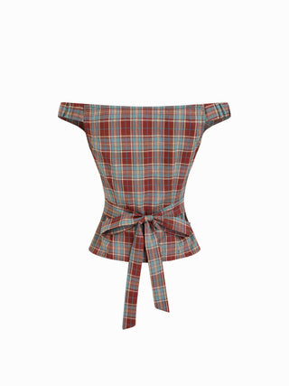 Plaid Asymmetrical Neck Ruched Short Sleeve Blouse