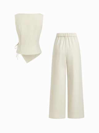 Boat Neck Striped Wrap Knotted Top & Mid Rise Straight Leg Trousers Set