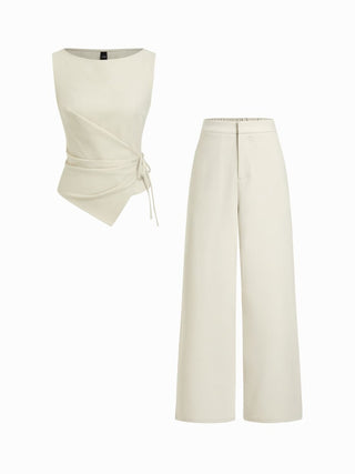 Boat Neck Striped Wrap Knotted Top & Mid Rise Straight Leg Trousers Set