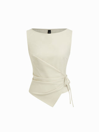 Boat Neck Striped Wrap Knotted Top & Mid Rise Straight Leg Trousers Set