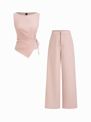 Boat Neck Striped Wrap Knotted Top & Mid Rise Straight Leg Trousers Set