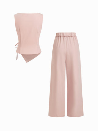 Boat Neck Striped Wrap Knotted Top & Mid Rise Straight Leg Trousers Set