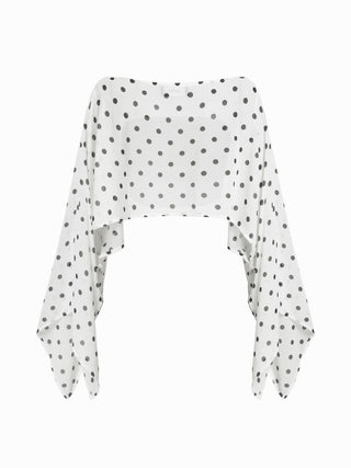Chiffon Polka Dot Boat Neck Cloak Sleeve Oversized Poncho Blouse & Bandeau