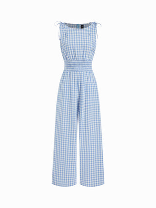 Cotton Gingham Boat Neck Drawstring Wide Leg Jumpsuit