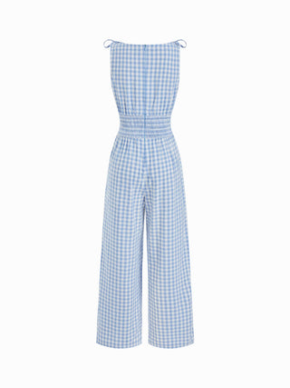 Cotton Gingham Boat Neck Drawstring Wide Leg Jumpsuit