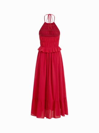 Chiffon Halter Neckline Shirred Ruffled Flared Maxi Dress