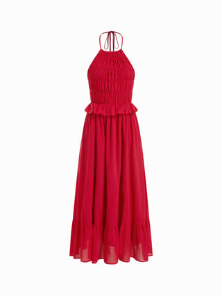 Chiffon Halter Neckline Shirred Ruffled Flared Maxi Dress