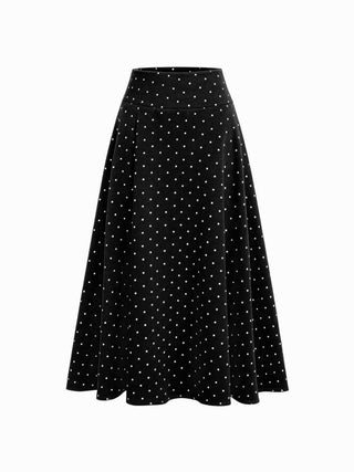 Satin Mid Rise Polka Dot Flared Maxi Skirt