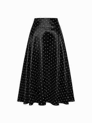 Satin Mid Rise Polka Dot Flared Maxi Skirt