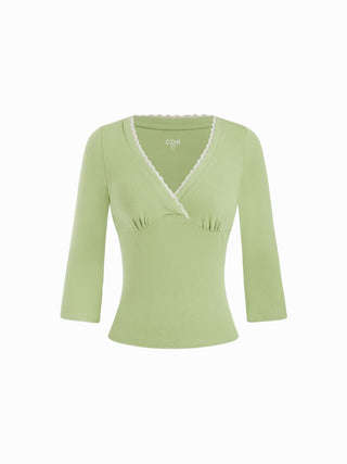 Viscose-blend V-neck Lace Panel 3/4 Long Sleeve Tee