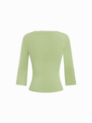 Viscose-blend V-neck Lace Panel 3/4 Long Sleeve Tee