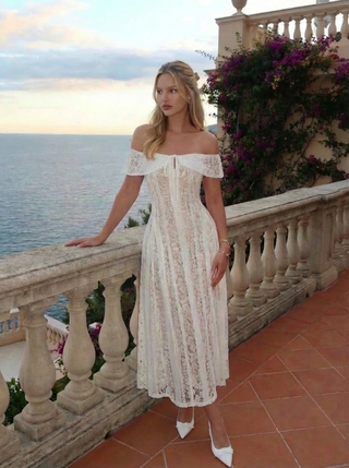 Lace Sculptural Off-Shoulder Knotted Flared Maxi Dress