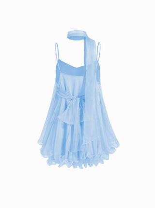 Sequin V-Neck Halter Ruffled Hem Oversized Mini Dress With Scarf