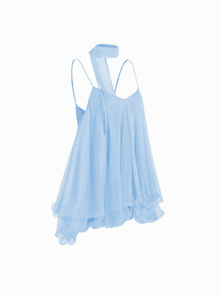 Sequin V-Neck Halter Ruffled Hem Oversized Mini Dress With Scarf