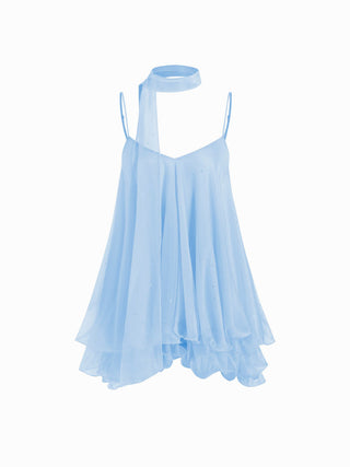 Sequin V-Neck Halter Ruffled Hem Oversized Mini Dress With Scarf