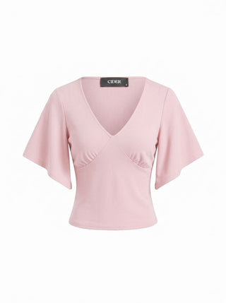 V-neck Ruched Short Bell Sleeve Top