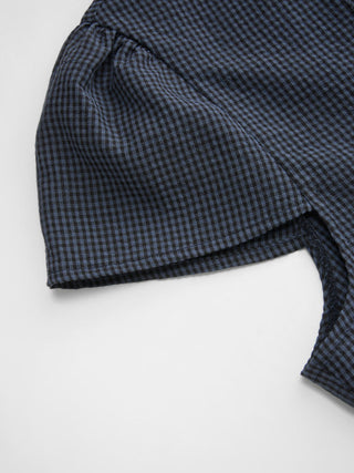 Cotton-blend Gingham Scoop Neck Puff Sleeve Ruched Drawstring Blouse
