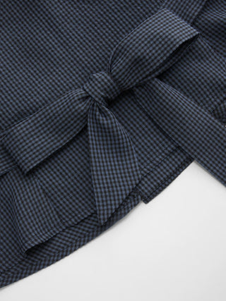 Cotton-blend Gingham Scoop Neck Puff Sleeve Ruched Drawstring Blouse