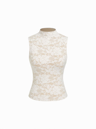 Lace Floral Stand Collar Tank Top