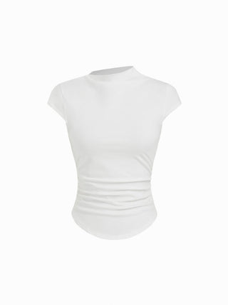 Cotton-blend Stand Collar Ruched Short Sleeve Tee