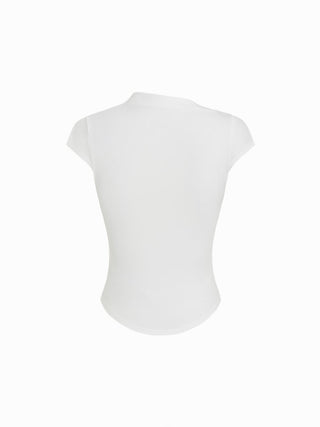 Cotton-blend Stand Collar Ruched Short Sleeve Tee