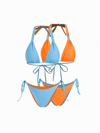 Colorblock Reversible Halter Neck Ruched Tie Side Triangle Bikini Set