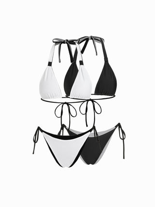 Colorblock Reversible Halter Neck Ruched Tie Side Triangle Bikini Set