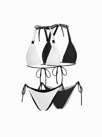 Colorblock Reversible Halter Neck Ruched Tie Side Triangle Bikini Set