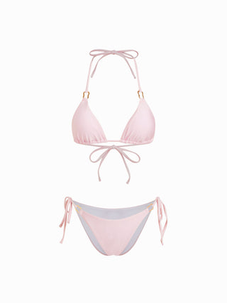 Halter Neckline Ring Linked Triangle Tie Side Bikini Set With Metal Ring Detail Sarong