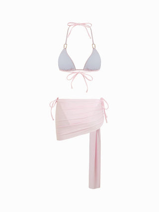 Halter Neckline Ring Linked Triangle Tie Side Bikini Set With Metal Ring Detail Sarong