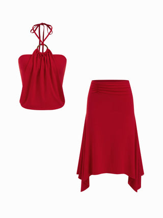 Halter Neck Top & Mid Rise Ruched Asymmetrical Midi Skirt Set