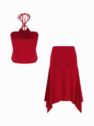 Halter Neck Top & Mid Rise Ruched Asymmetrical Midi Skirt Set