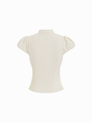 Cotton-blend Stand Collar Puff Sleeve Lace Trim Bowknot Cut Out Blouse