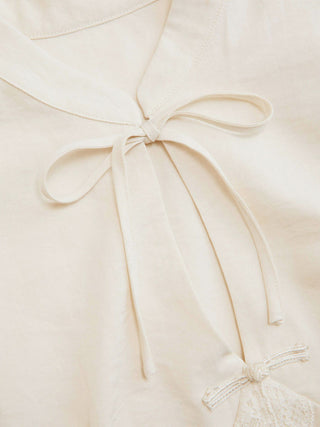 Cotton-blend Stand Collar Puff Sleeve Lace Trim Bowknot Cut Out Blouse