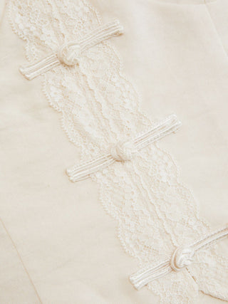 Cotton-blend Stand Collar Puff Sleeve Lace Trim Bowknot Cut Out Blouse