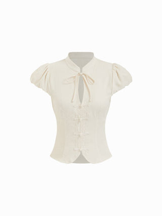 Cotton-blend Stand Collar Puff Sleeve Lace Trim Bowknot Cut Out Blouse