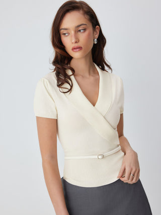 Knit V-neck Wrap Short Sleeve Top With Belt