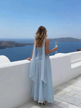 Chiffon Sculptural Halter Neckline Lace Up Maxi Bobycon Dress With Scarf