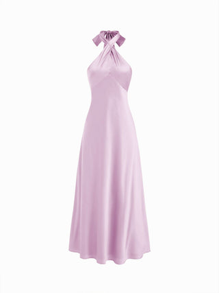 Satin Halter Neck Twist Knotted A-line Maxi Dress