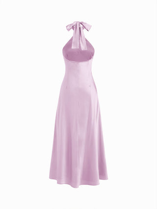 Satin Halter Neck Twist Knotted A-line Maxi Dress