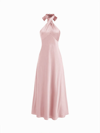 Satin Halter Neck Twist Knotted A-line Maxi Dress