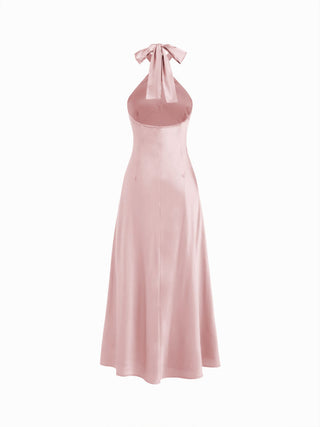 Satin Halter Neck Twist Knotted A-line Maxi Dress