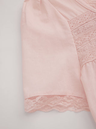 Cotton-blend Scoop Neckline Lace Trim Knotted Puff Sleeve Blouse