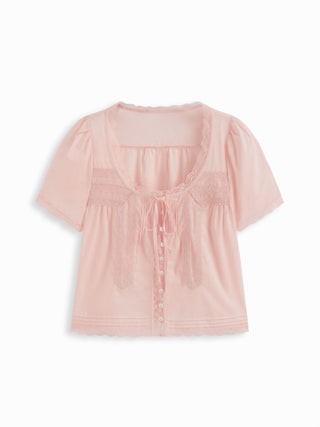 Cotton-blend Scoop Neckline Lace Trim Knotted Puff Sleeve Blouse