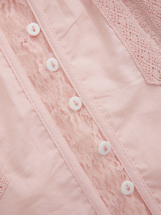 Cotton-blend Scoop Neckline Lace Trim Knotted Puff Sleeve Blouse