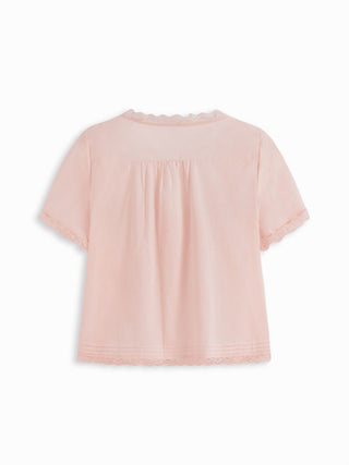 Cotton-blend Scoop Neckline Lace Trim Knotted Puff Sleeve Blouse