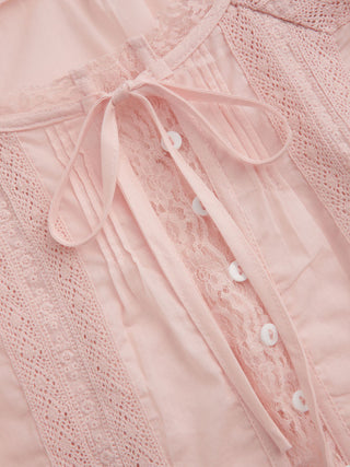 Cotton-blend Scoop Neckline Lace Trim Knotted Puff Sleeve Blouse
