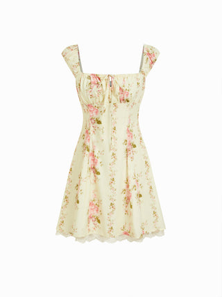 Square Neck Floral Knotted Mini Dress