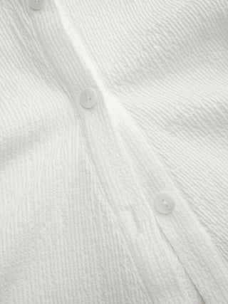 Textured Boat Neck Button Up Lettuce Trim Short Sleeve Top