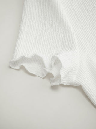 Textured Boat Neck Button Up Lettuce Trim Short Sleeve Top